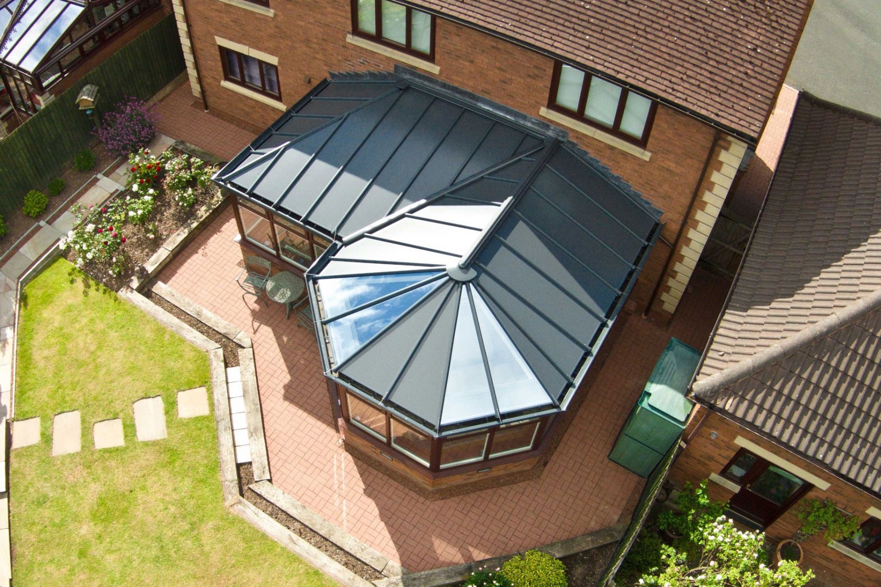 P-shaped conservatories aerial view - Blue Light Windows
